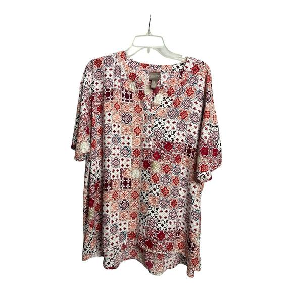 Chicos Patchwork Flutter Sleeve Top Chico's Size 3 Geometric Flowy Hi-Lo - Picture 2 of 8